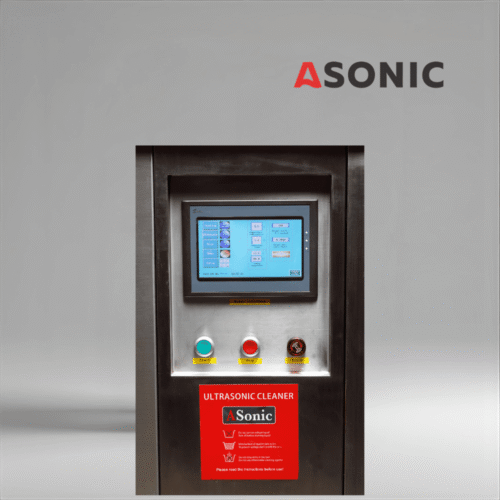 ASONIC IND-2000 Pneumatic industrial ultrasonic cleaner with large tank and pneumatic lift for heavy-duty parts.
