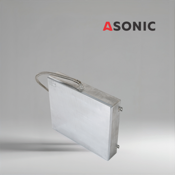 ASONIC IND-PLATE ultrasonic plate transducer, durable stainless steel design for industrial ultrasonic cleaning applications.