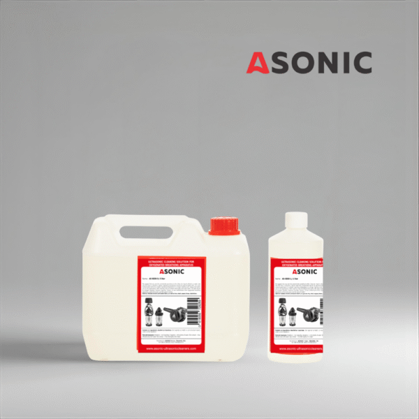 ASONIC AS-BIOX detergent in 1L, 5L, and 25L canisters for removing biological residues.