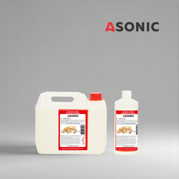 ASONIC AS-JEW – Ultrasonic Cleaning Solution for Jewelry ASONIC AS-JEW detergent in 1L, 5L, and 25L canisters for ultrasonic jewelry cleaning.