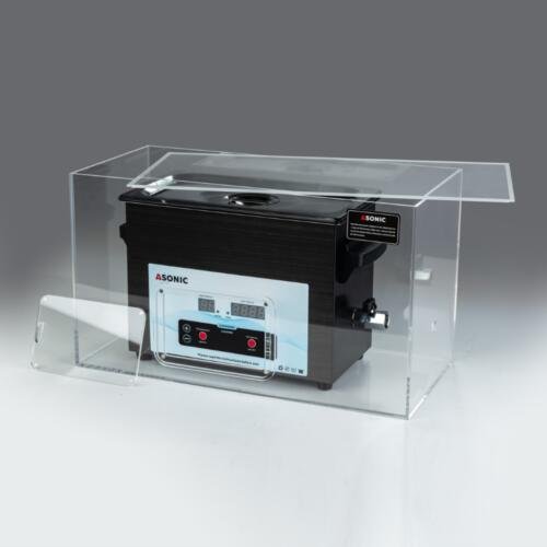 Open silent box displaying a 3L ASONIC ultrasonic cleaner, illustrating noise reduction design.