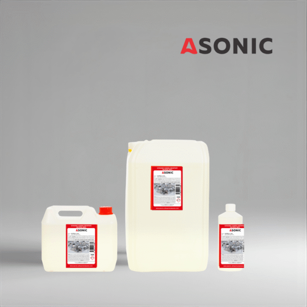 ASONIC AS-METAL detergent in 1L, 5L, and 25L canisters for cleaning steel and industrial metal parts.