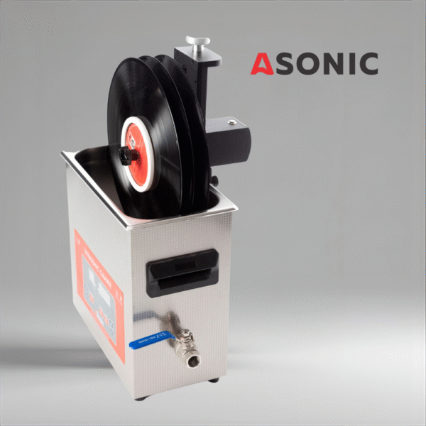 ASONIC Vinyl Cleaner for 5 Records – Accessory Only ASONIC vinyl cleaner attachment for up to five records shown on top of an ultrasonic cleaner.