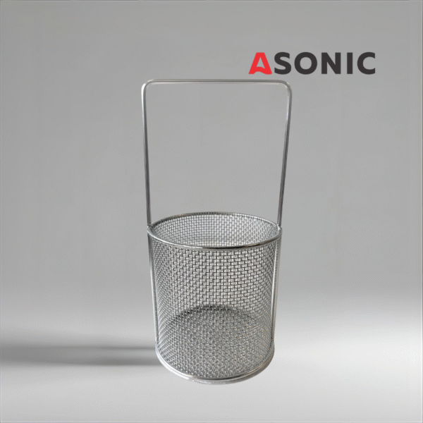 ASONIC-small-round-basket-handlefi75mm ASONIC stainless steel round basket with handle Ø75mm, designed for ultrasonic cleaning of jewelry and fine tools.