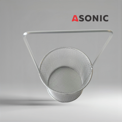 “ASONIC inox round basket Ø75mm with handle, convenient accessory for ultrasonic cleaners, ideal for small items.